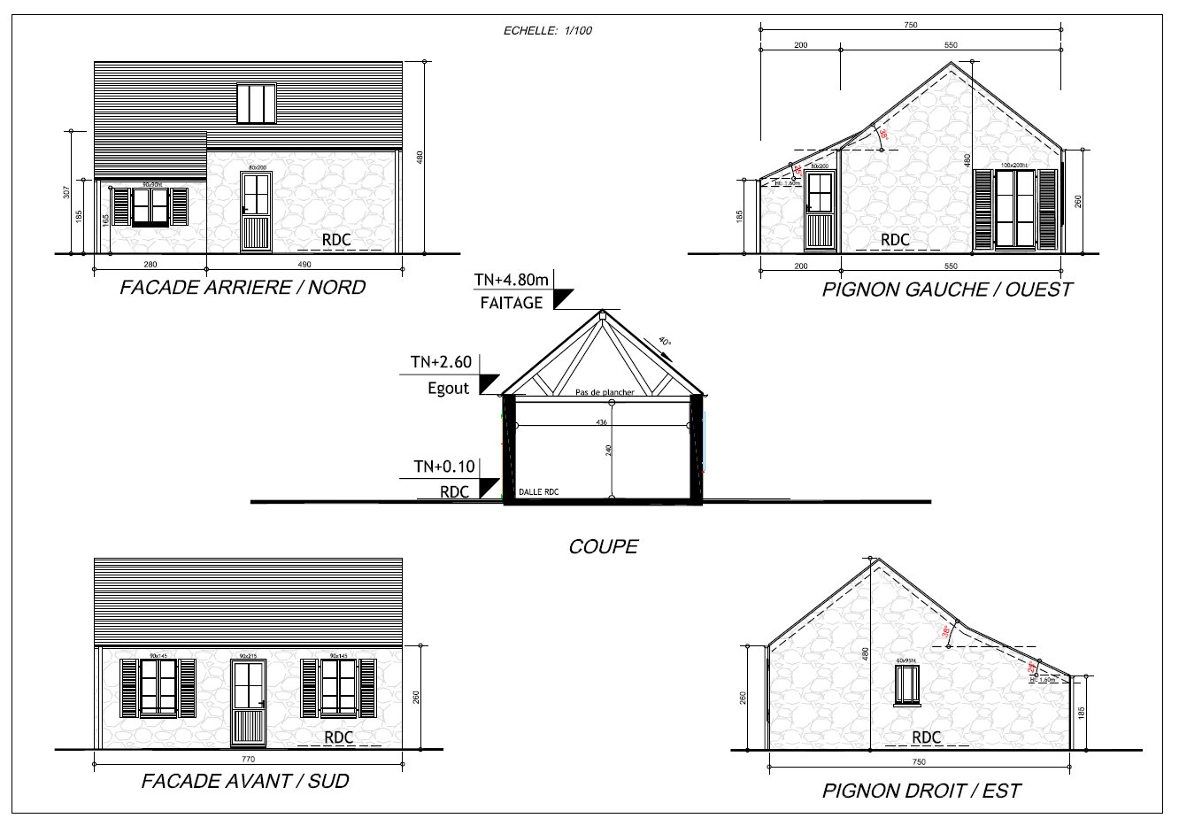 Façades projetées et coupe du pool house, échelle 1/100